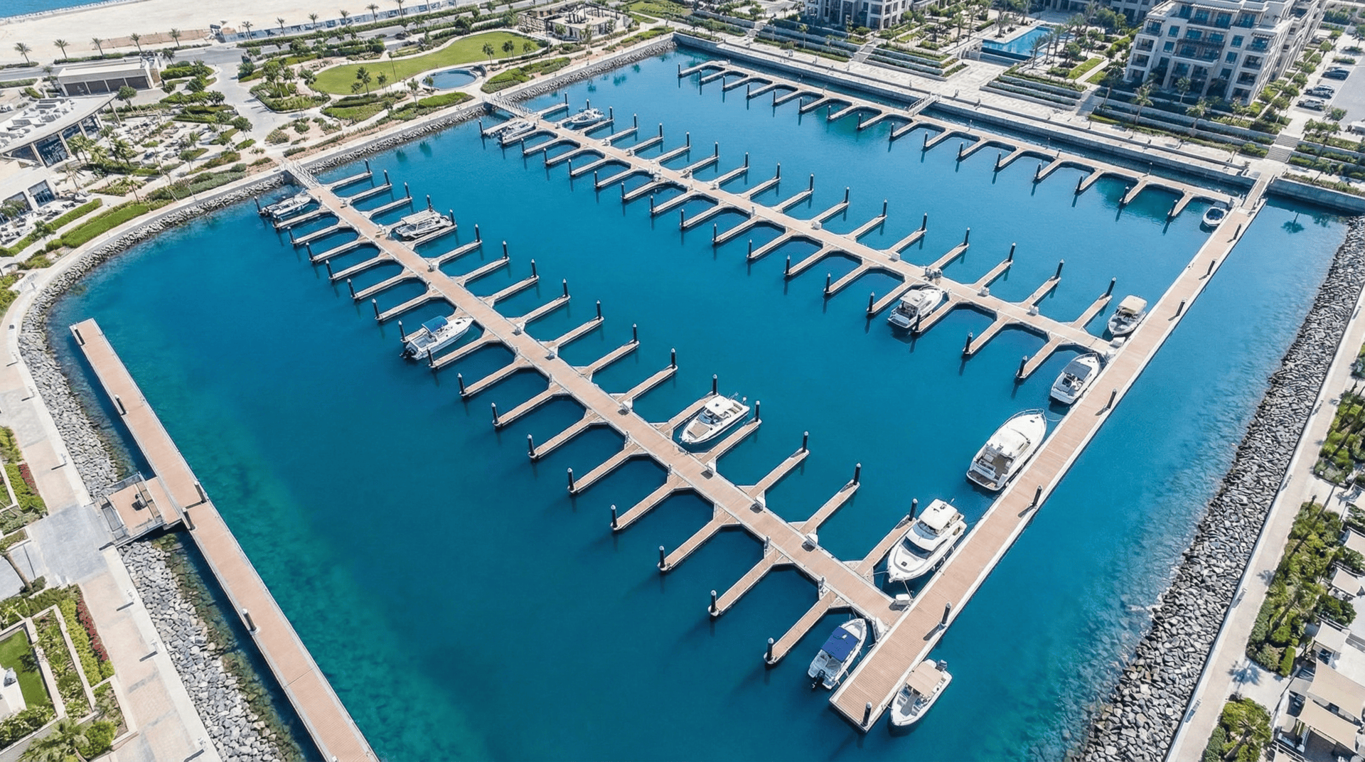 Aerial view of completed marina with docks